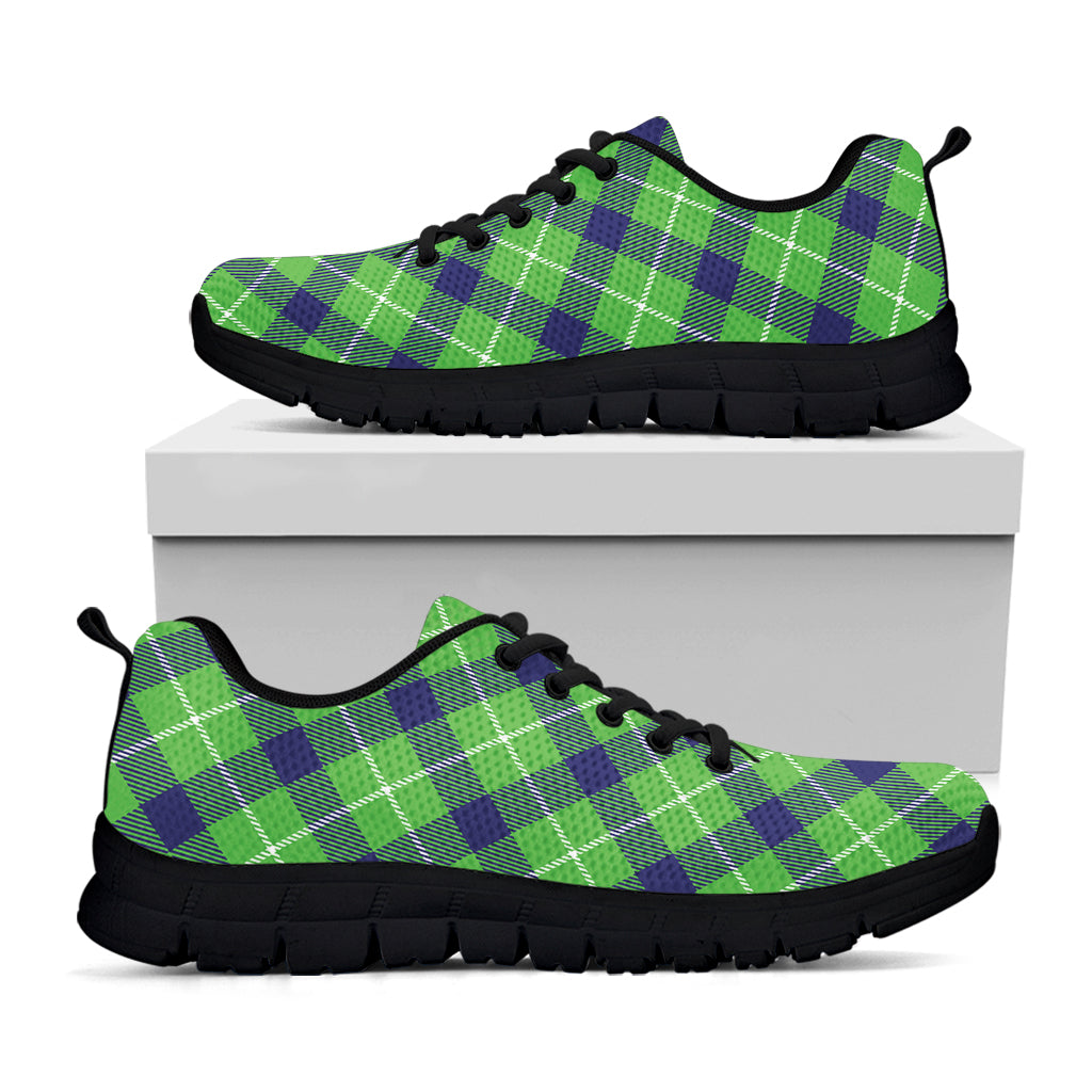 Green Blue And White Plaid Pattern Print Black Sneakers