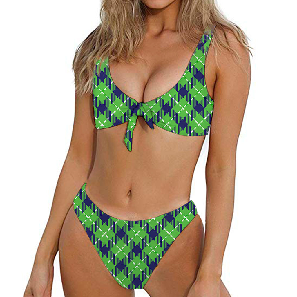 Green Blue And White Plaid Pattern Print Front Bow Tie Bikini