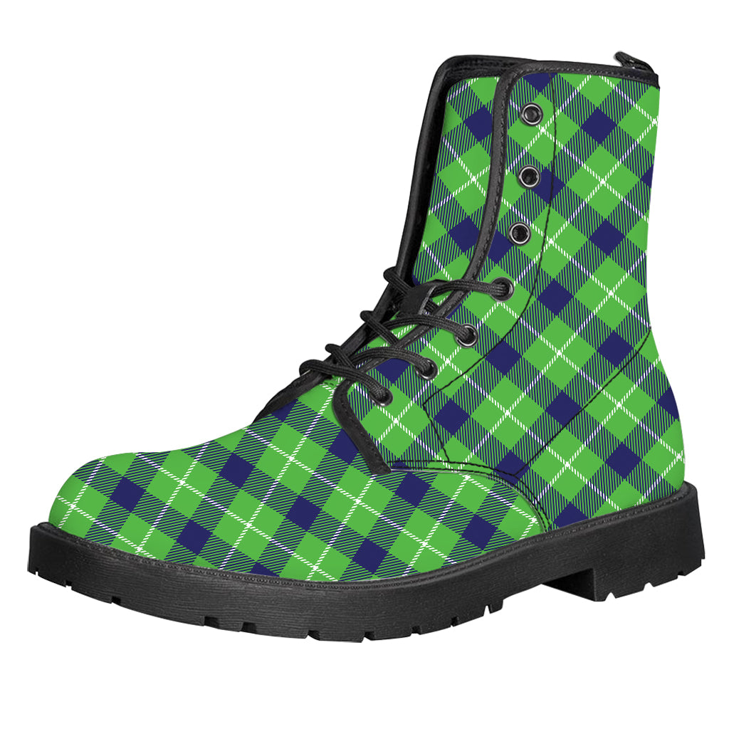 Green Blue And White Plaid Pattern Print Leather Boots