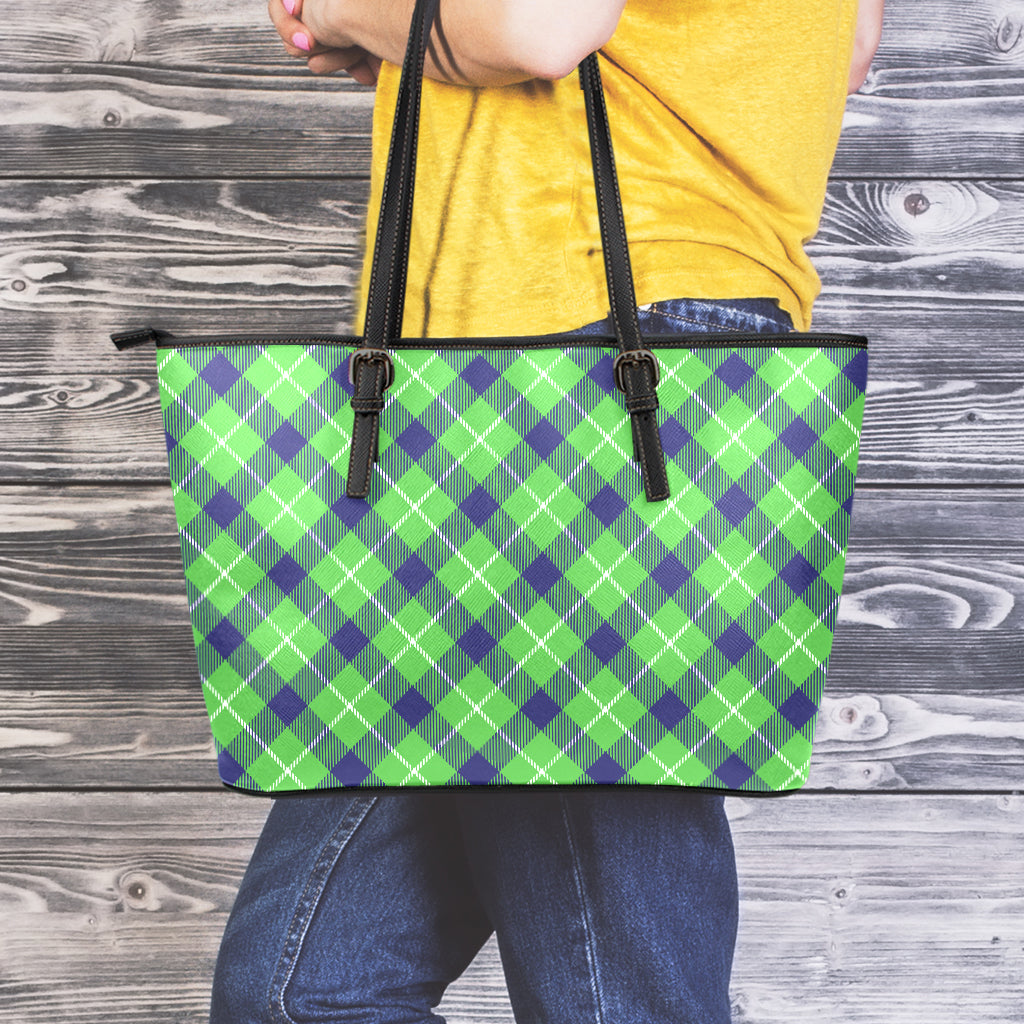 Green Blue And White Plaid Pattern Print Leather Tote Bag