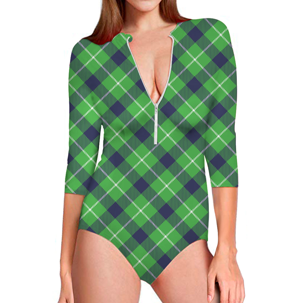 Green Blue And White Plaid Pattern Print Long Sleeve One Piece Swimsuit