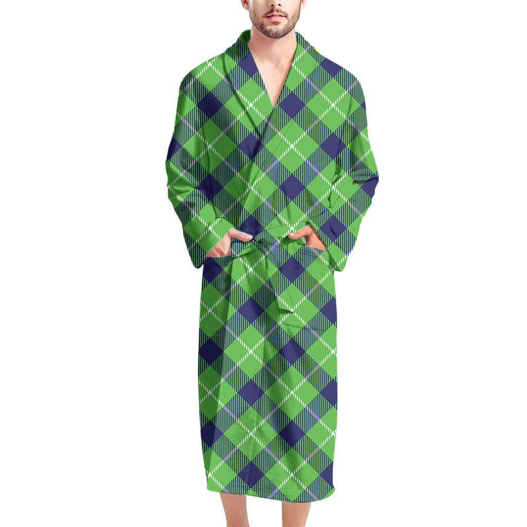 Green Blue And White Plaid Pattern Print Men's Bathrobe