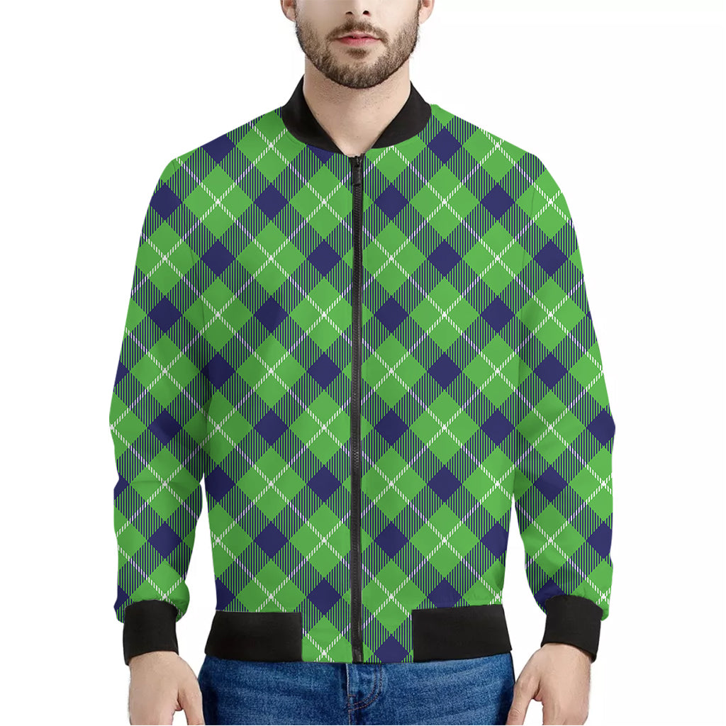 Green Blue And White Plaid Pattern Print Men's Bomber Jacket