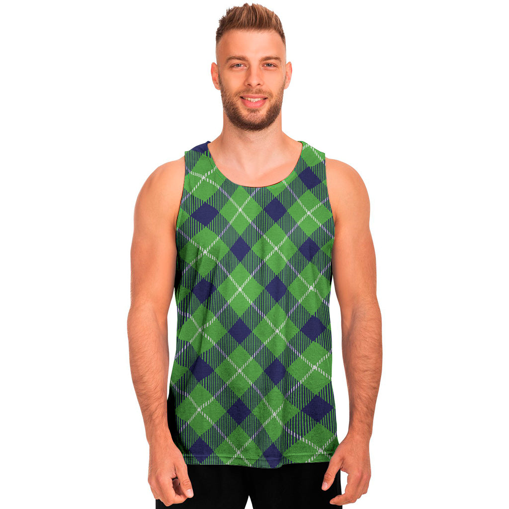 Green Blue And White Plaid Pattern Print Men's Tank Top