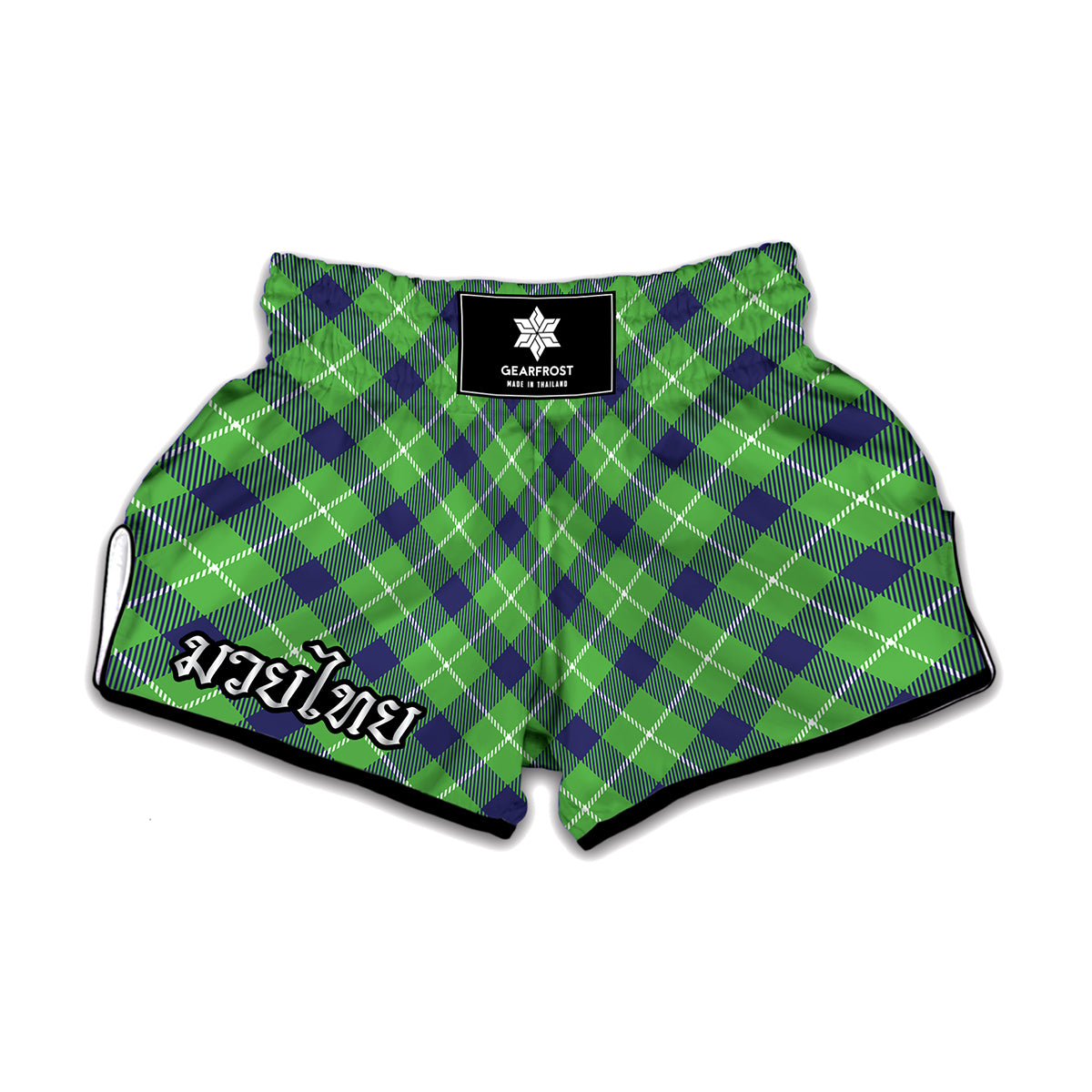 Green Blue And White Plaid Pattern Print Muay Thai Boxing Shorts