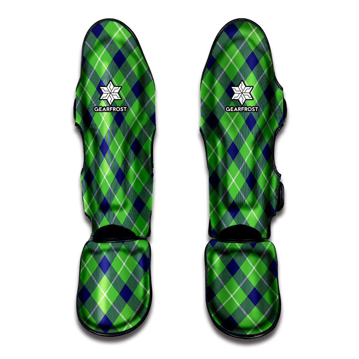 Green Blue And White Plaid Pattern Print Muay Thai Shin Guards