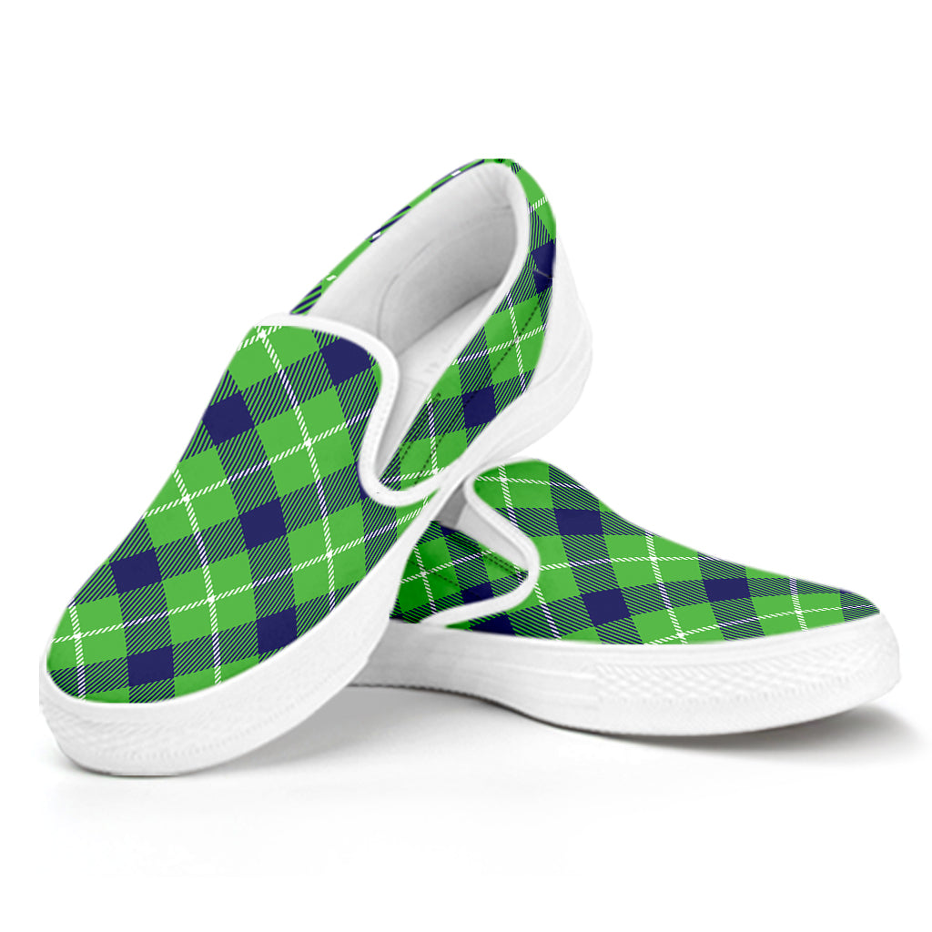 Green Blue And White Plaid Pattern Print White Slip On Shoes