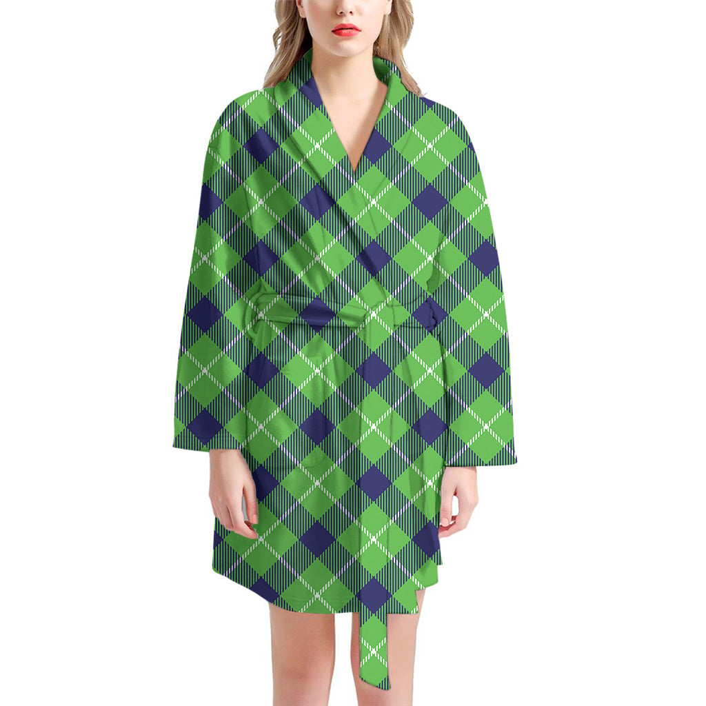 Green Blue And White Plaid Pattern Print Women's Bathrobe