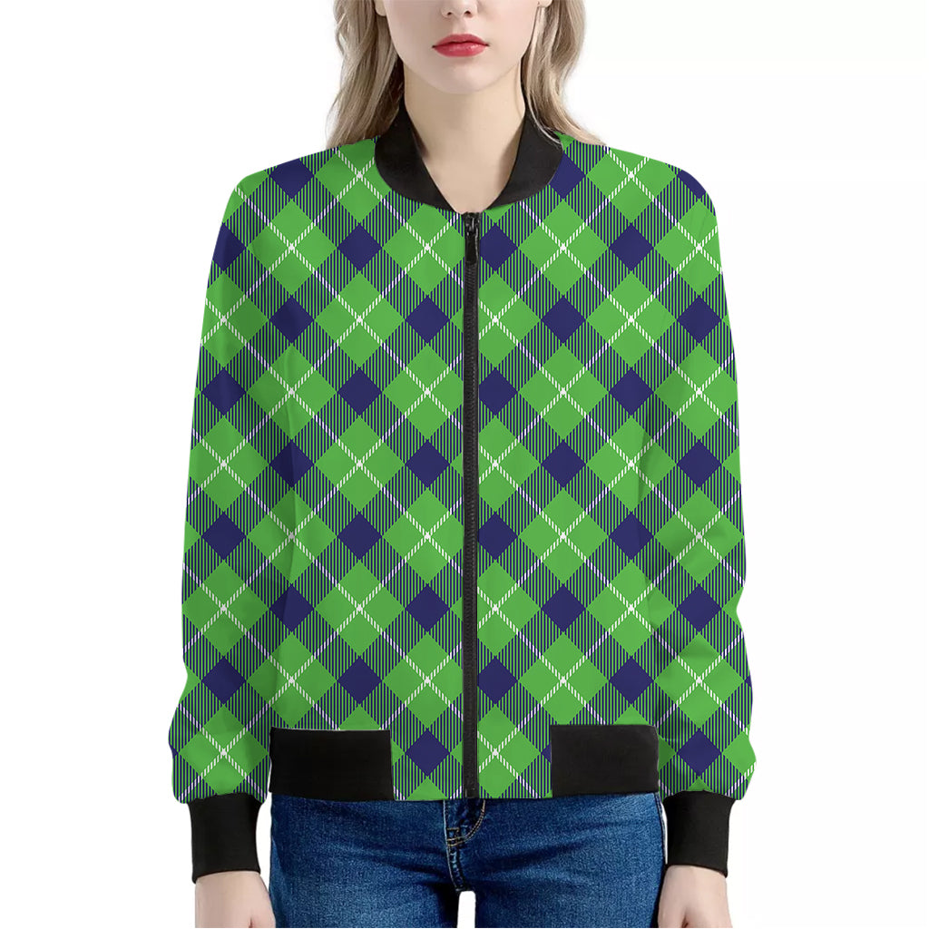 Green Blue And White Plaid Pattern Print Women's Bomber Jacket