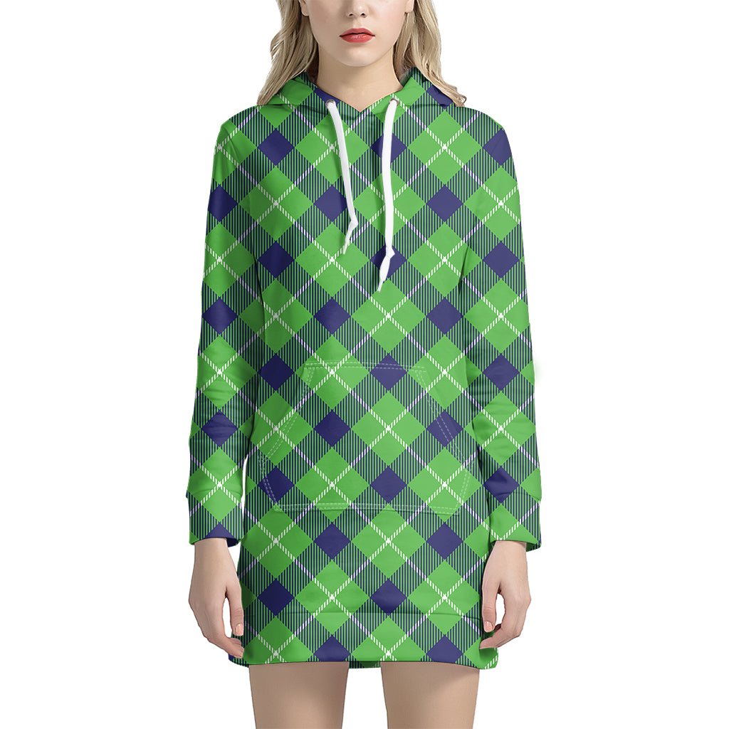 Green Blue And White Plaid Pattern Print Women's Pullover Hoodie Dress