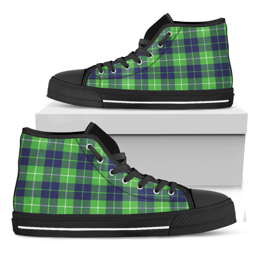 Green Blue And White Tartan Print Black High Top Shoes