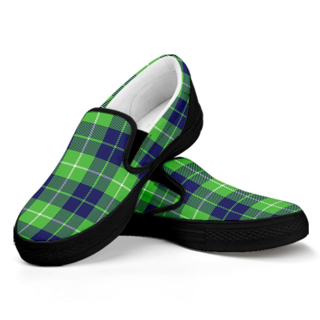 Green Blue And White Tartan Print Black Slip On Shoes