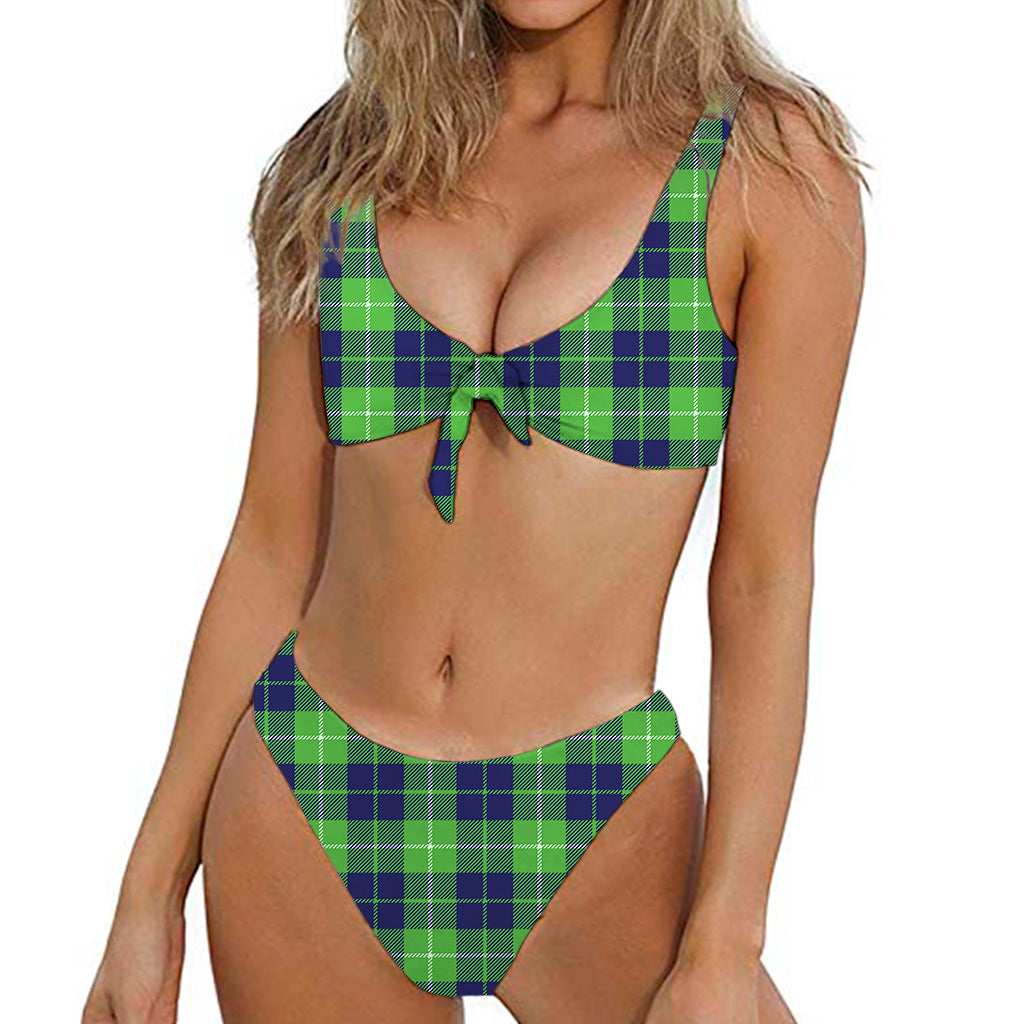 Green Blue And White Tartan Print Front Bow Tie Bikini