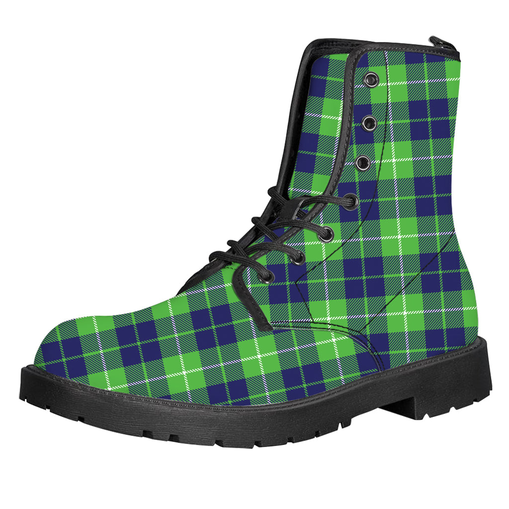 Green Blue And White Tartan Print Leather Boots