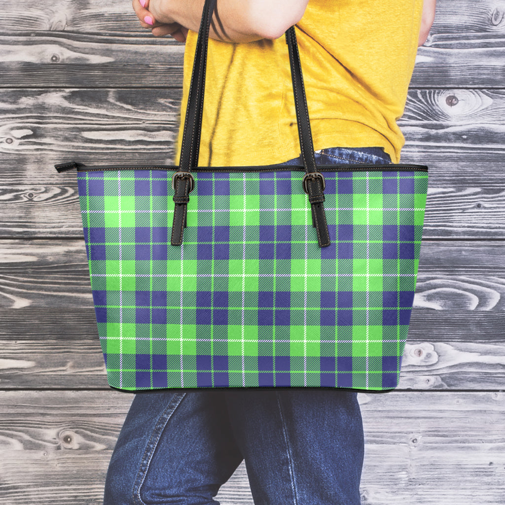 Green Blue And White Tartan Print Leather Tote Bag