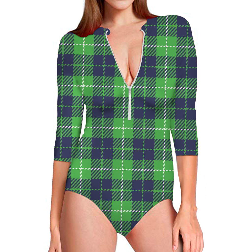 Green Blue And White Tartan Print Long Sleeve One Piece Swimsuit