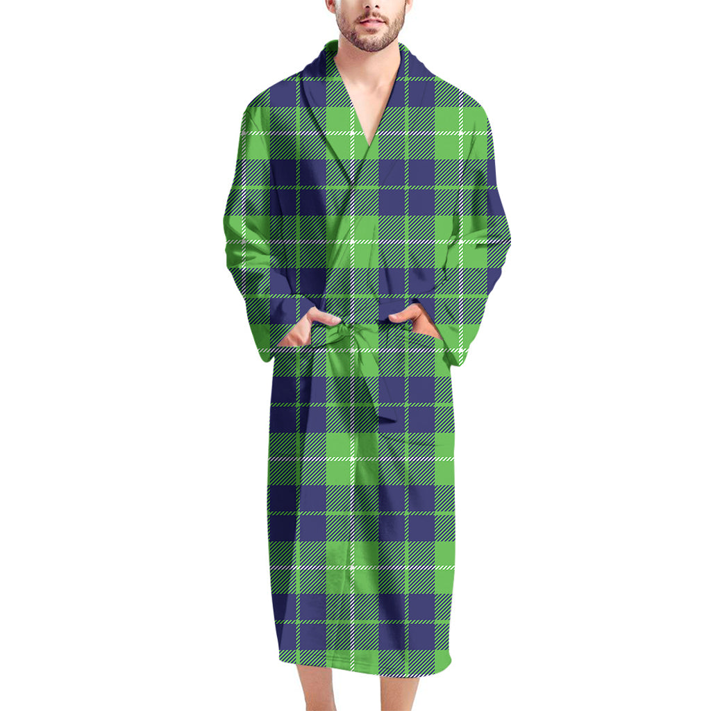 Green Blue And White Tartan Print Men's Bathrobe