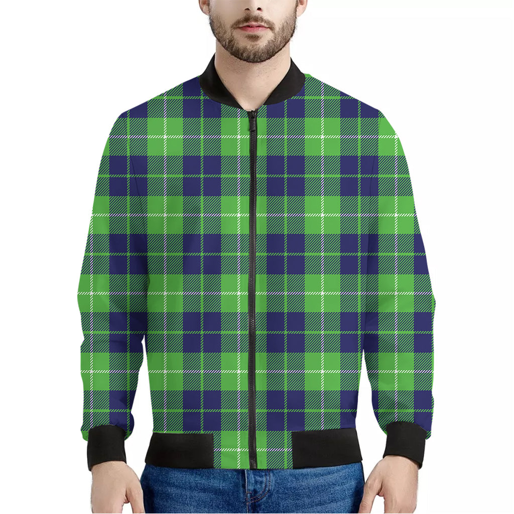 Green Blue And White Tartan Print Men's Bomber Jacket