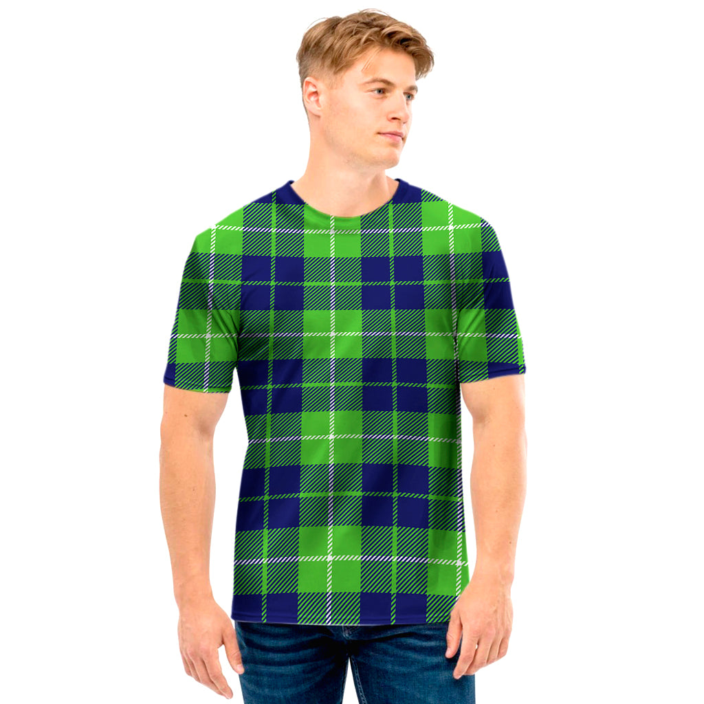 Green Blue And White Tartan Print Men's T-Shirt