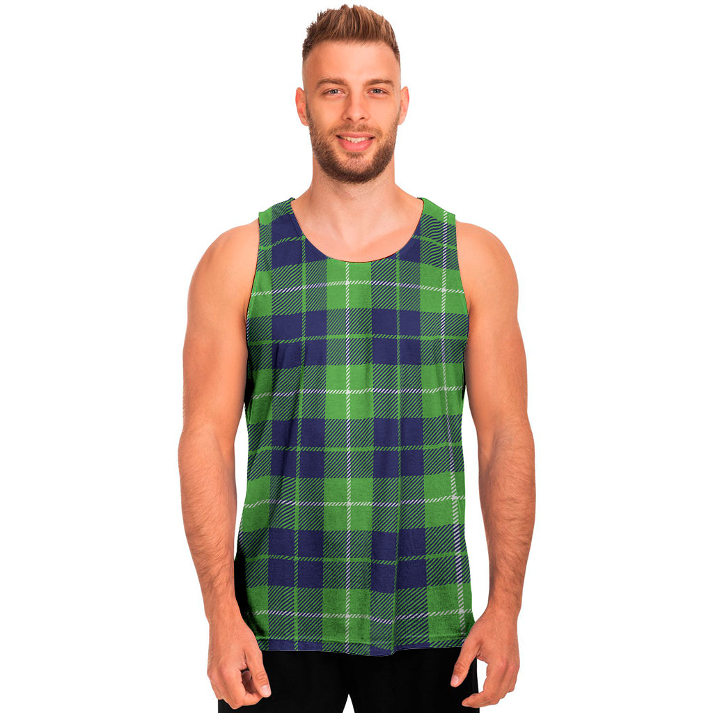 Green Blue And White Tartan Print Men's Tank Top