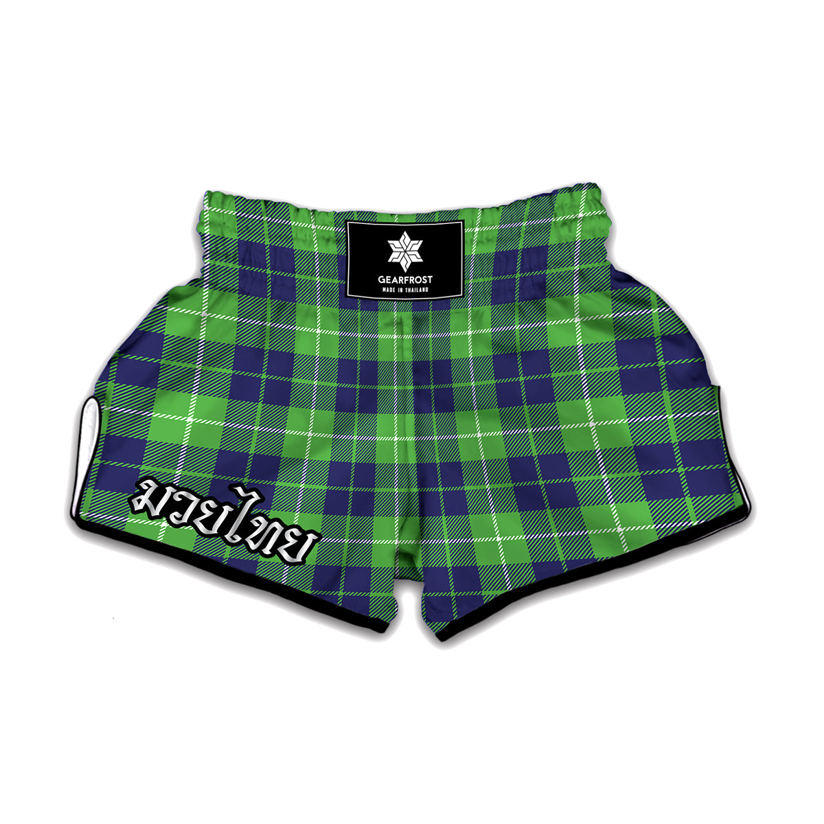 Green Blue And White Tartan Print Muay Thai Boxing Shorts