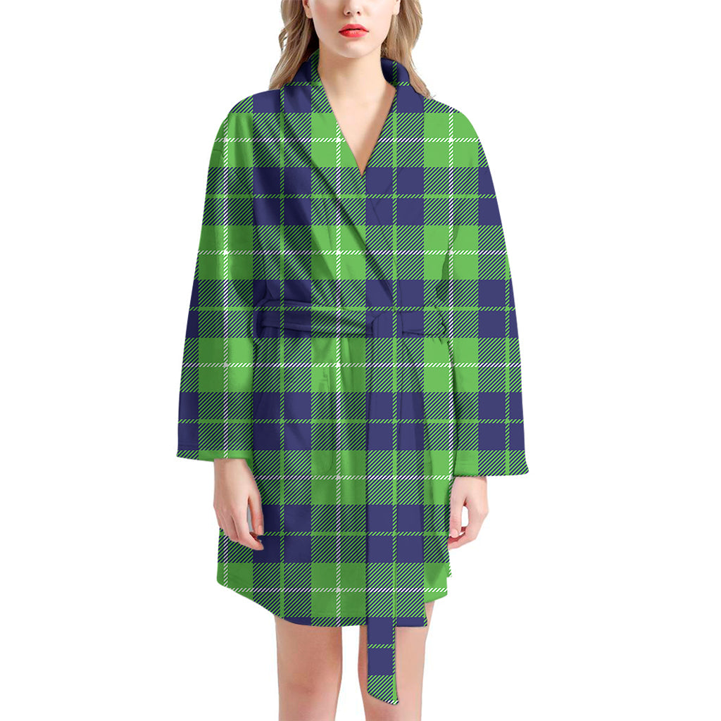 Green Blue And White Tartan Print Women's Bathrobe