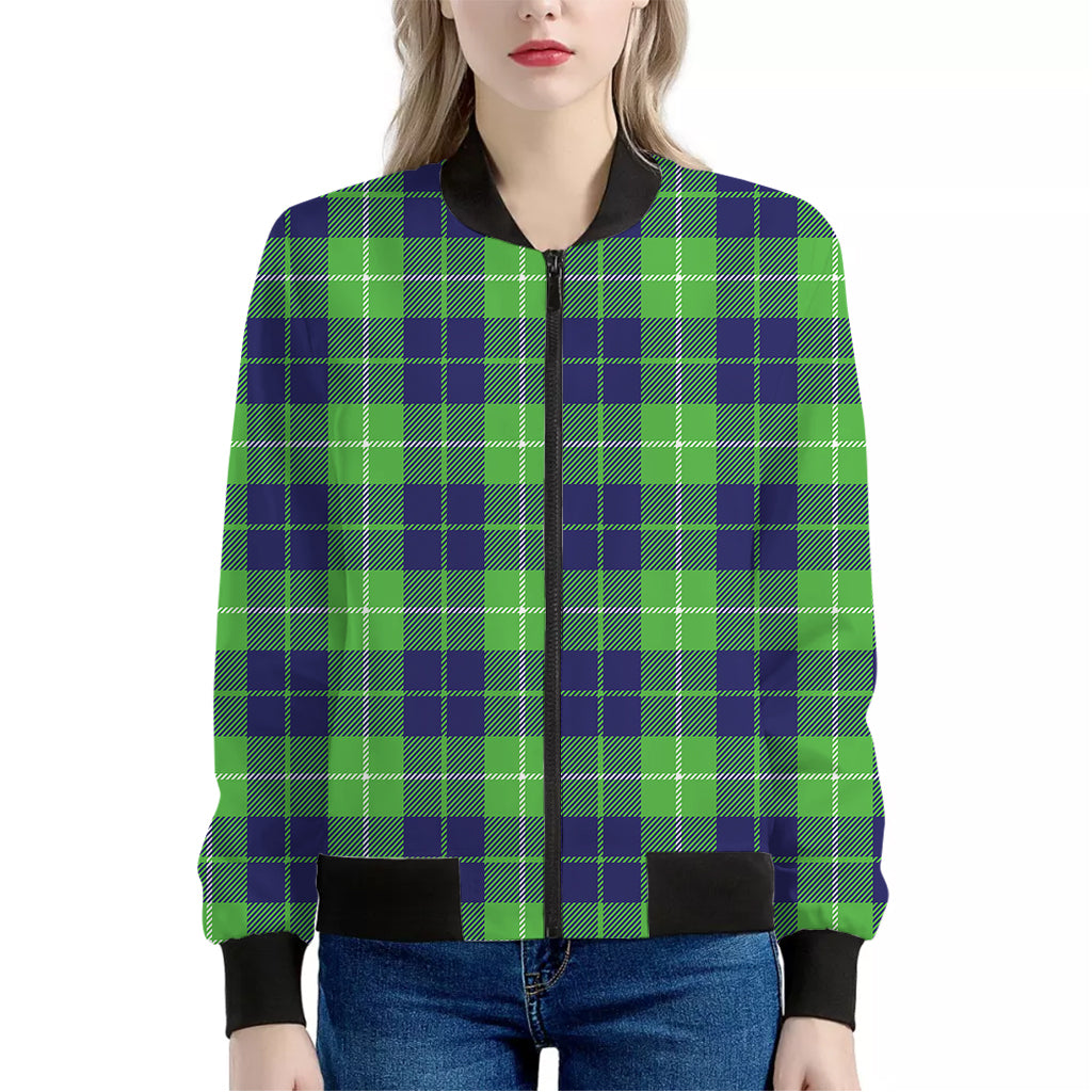 Green Blue And White Tartan Print Women's Bomber Jacket