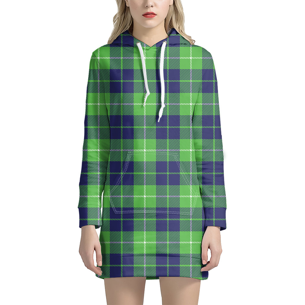 Green Blue And White Tartan Print Women's Pullover Hoodie Dress