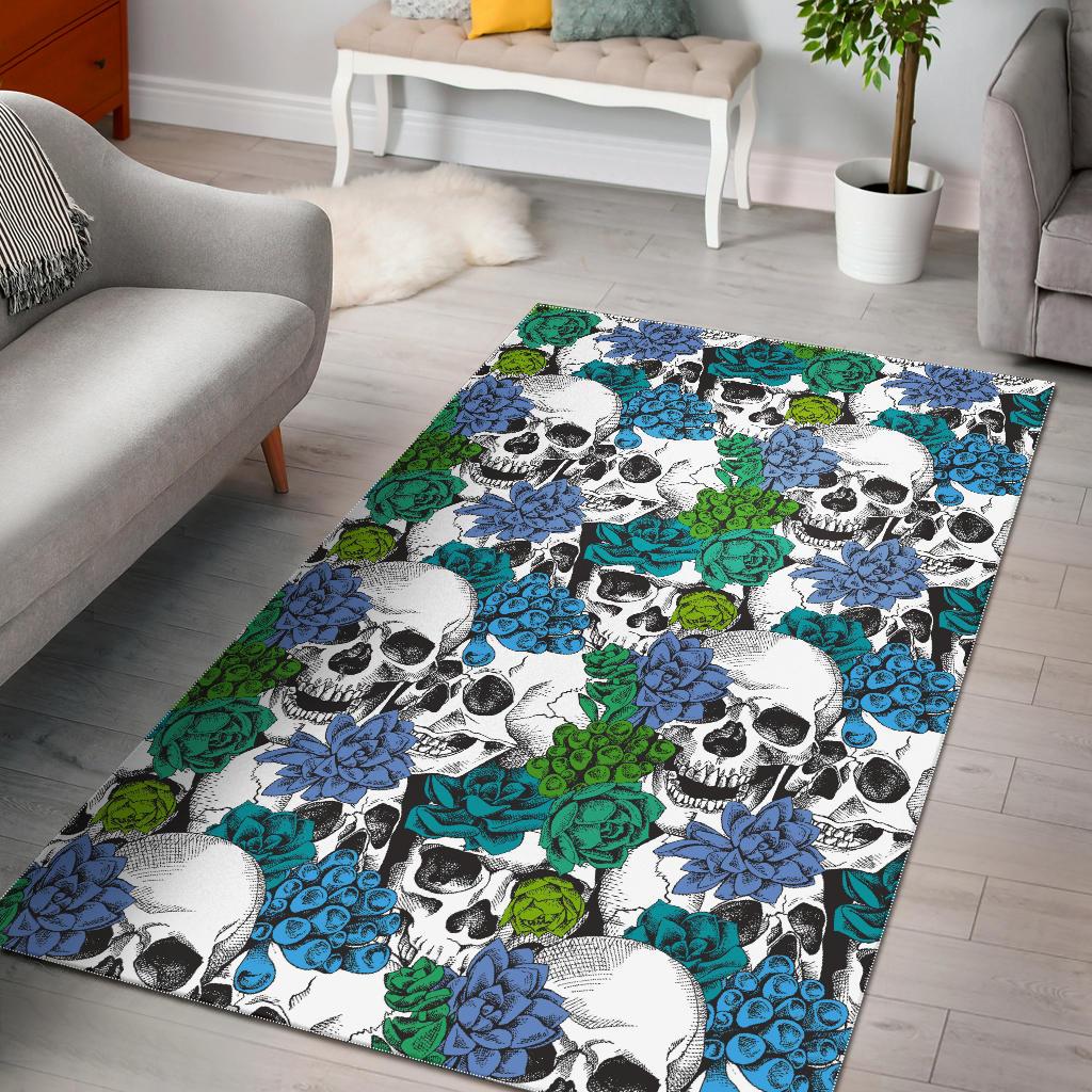 Green Blue Flowers Skull Pattern Print Area Rug