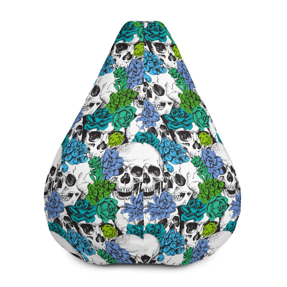 Green Blue Flowers Skull Pattern Print Bean Bag Cover