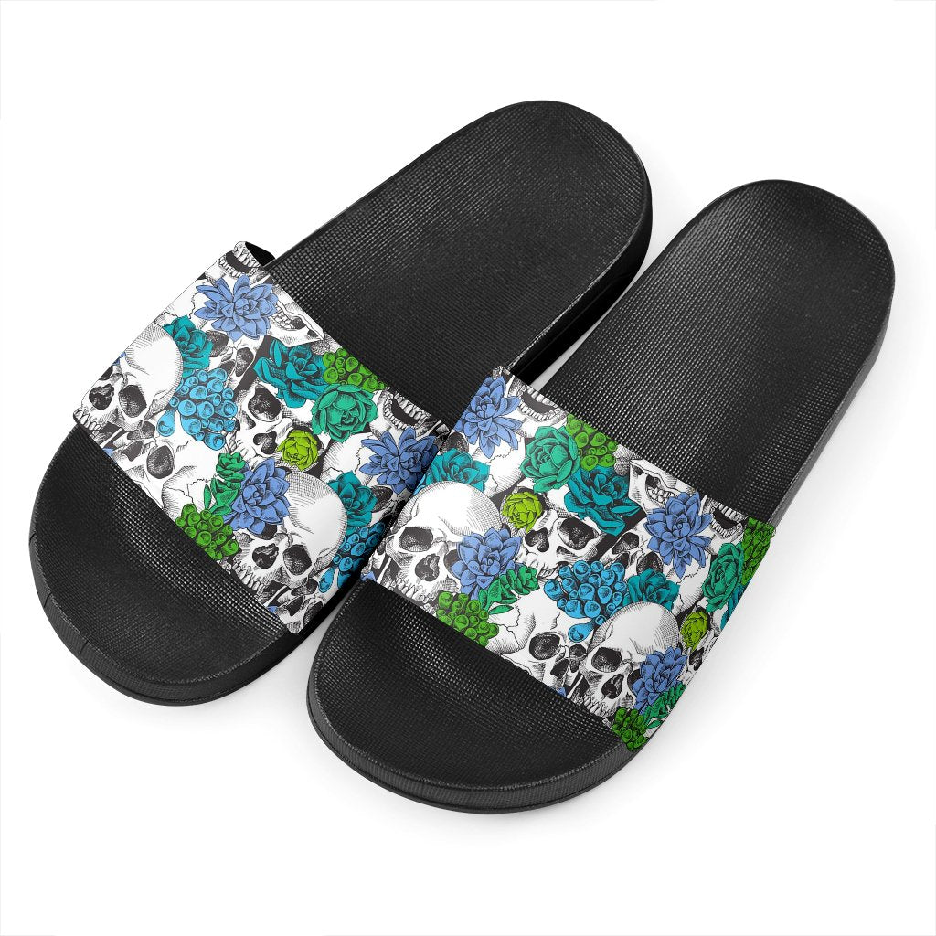 Green Blue Flowers Skull Pattern Print Black Slide Sandals