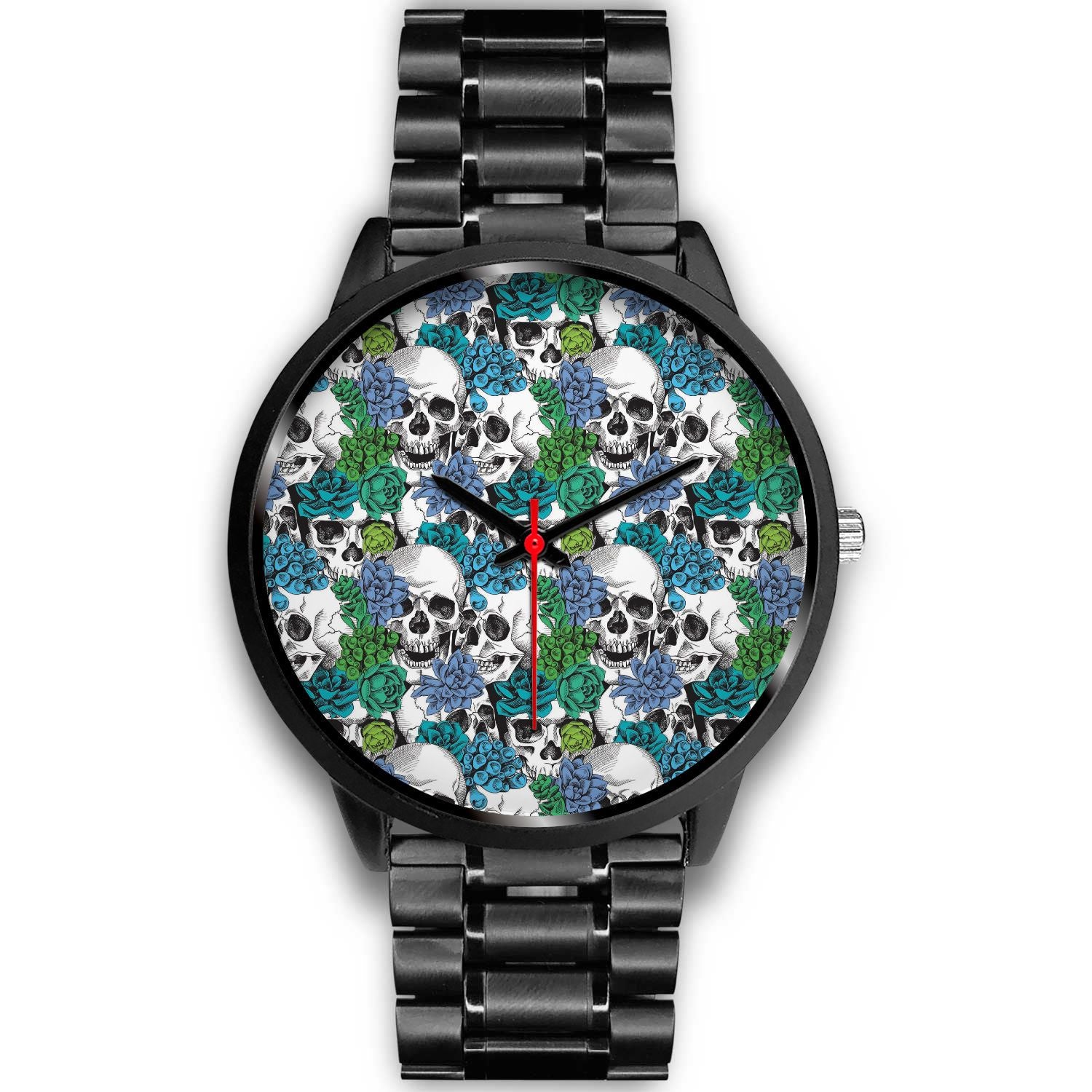 Green Blue Flowers Skull Pattern Print Black Watch