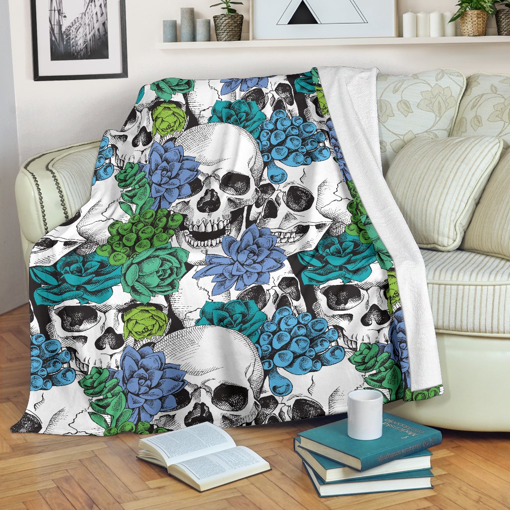 Green Blue Flowers Skull Pattern Print Blanket