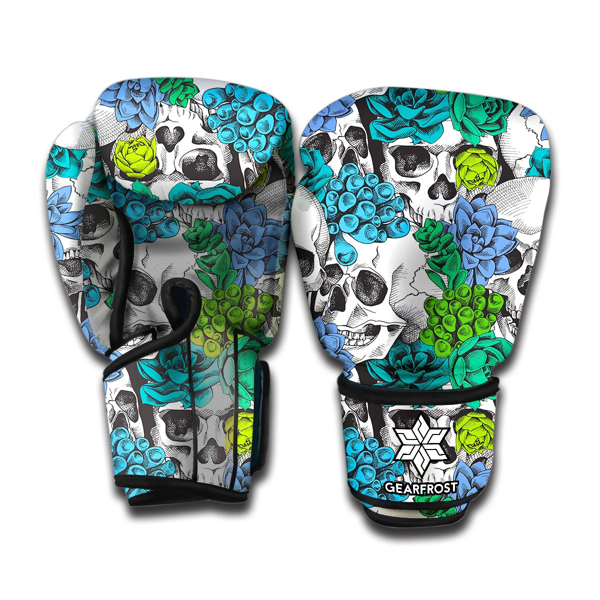 Green Blue Flowers Skull Pattern Print Boxing Gloves