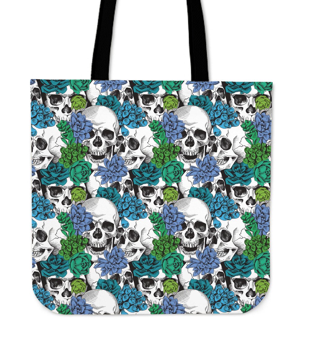 Green Blue Flowers Skull Pattern Print Canvas Tote Bag