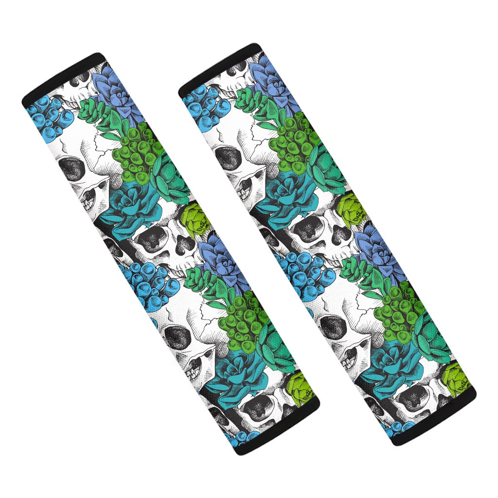 Green Blue Flowers Skull Pattern Print Car Seat Belt Covers