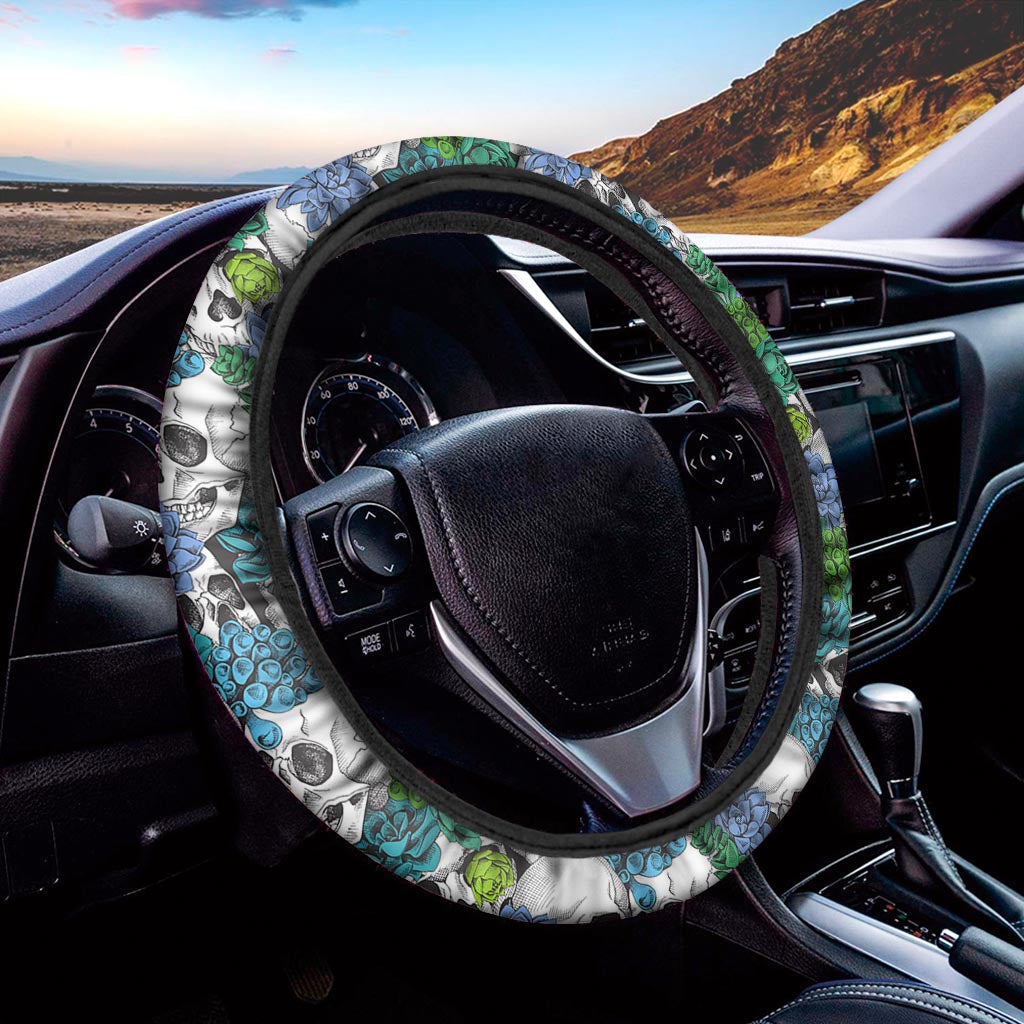 Green Blue Flowers Skull Pattern Print Car Steering Wheel Cover