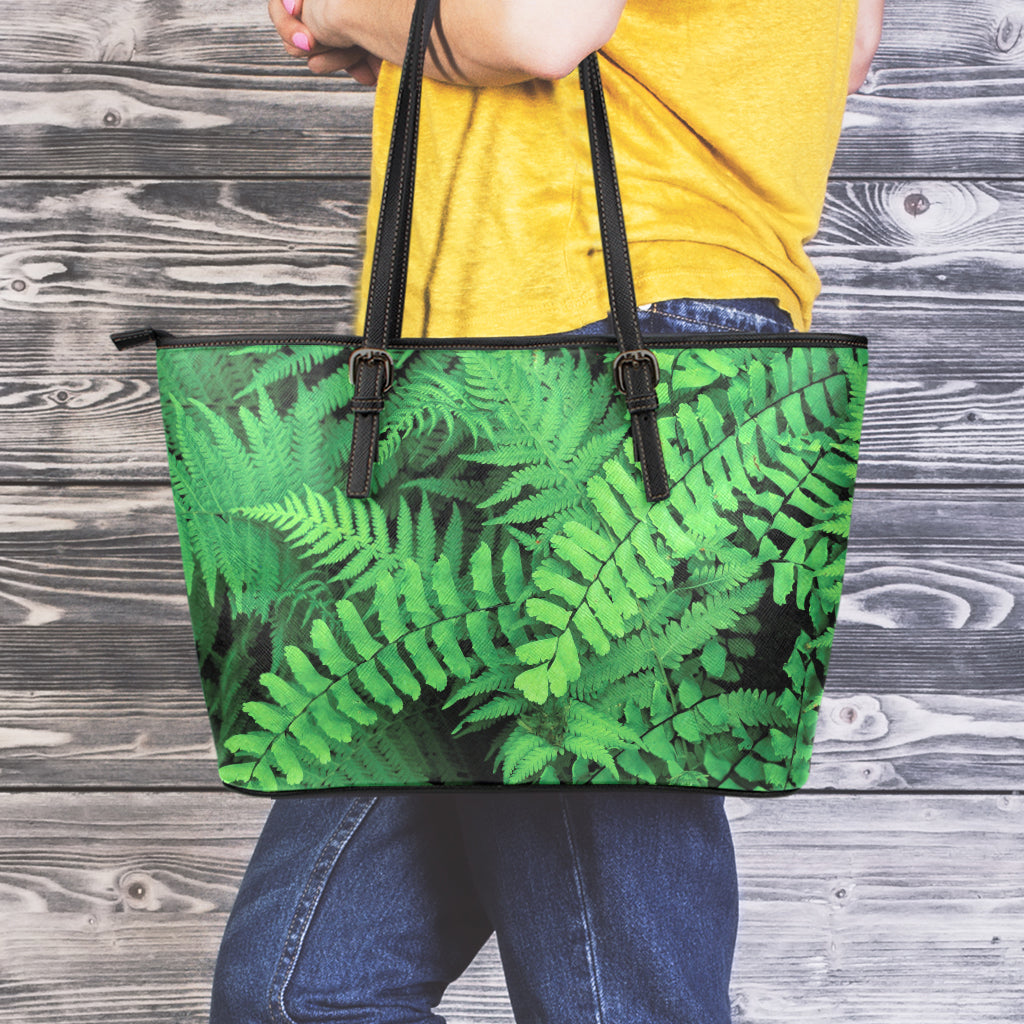 Green Fern Leaf Print Leather Tote Bag