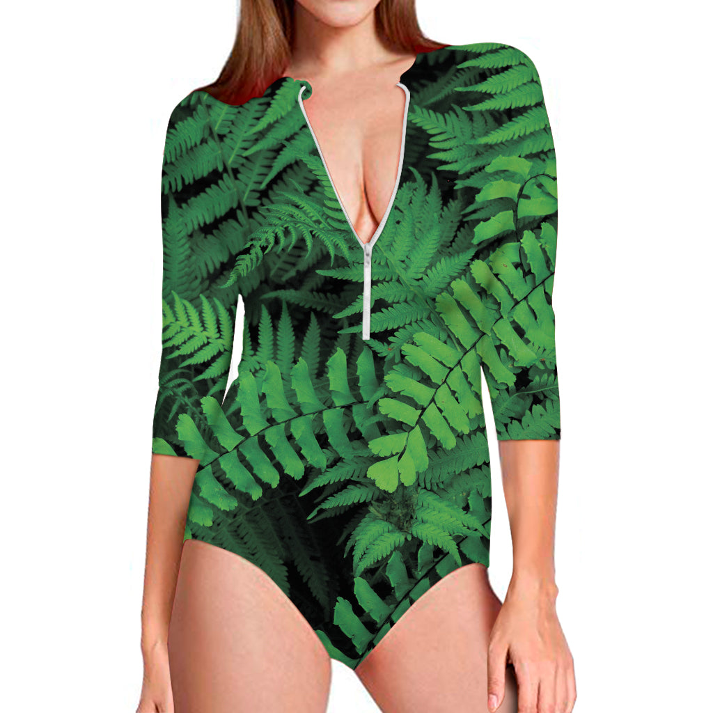 Green Fern Leaf Print Long Sleeve One Piece Swimsuit