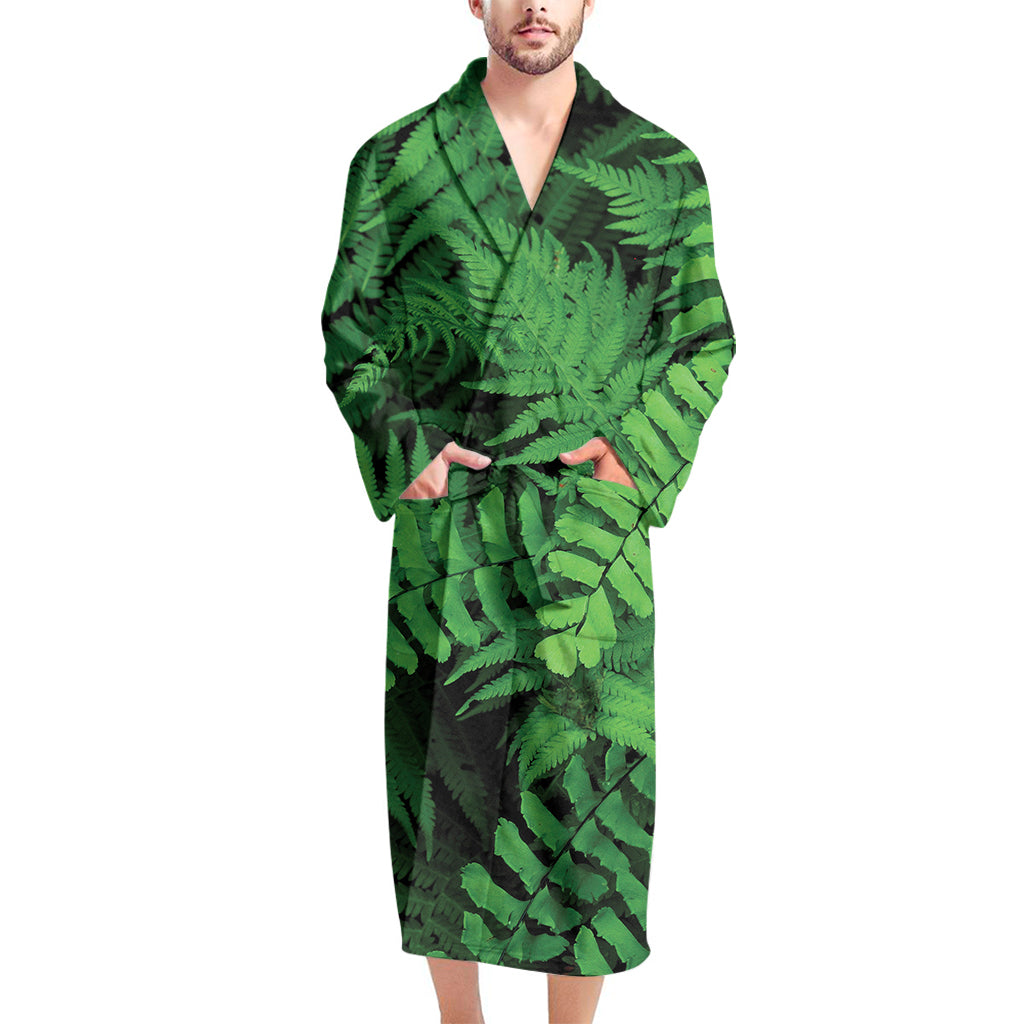 Green Fern Leaf Print Men's Bathrobe