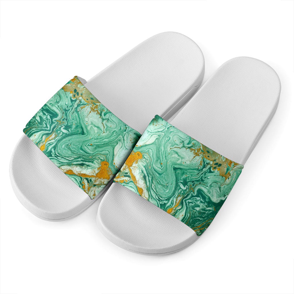 Green Gold Liquid Marble Print White Slide Sandals