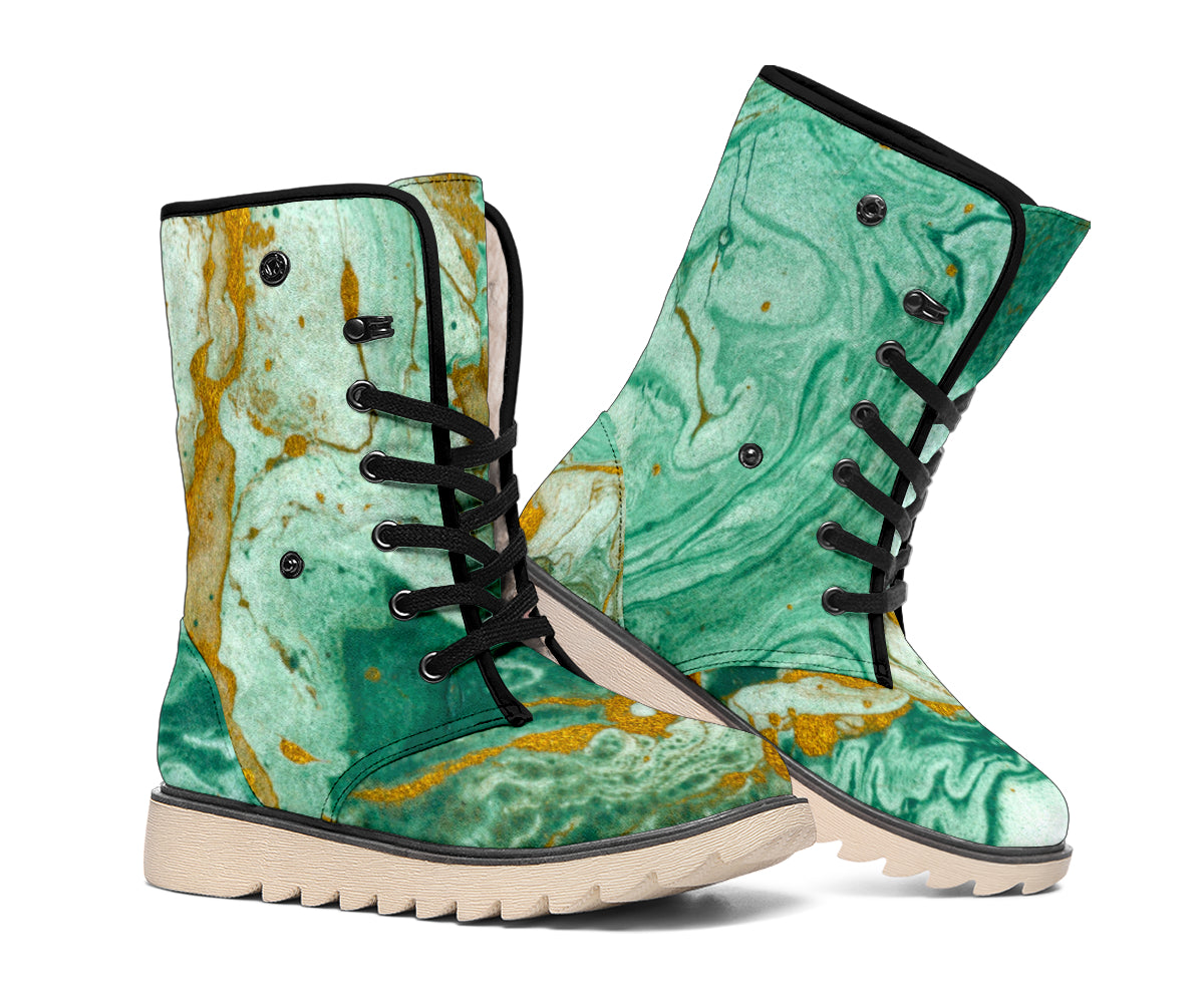 Green Gold Liquid Marble Print Winter Boots