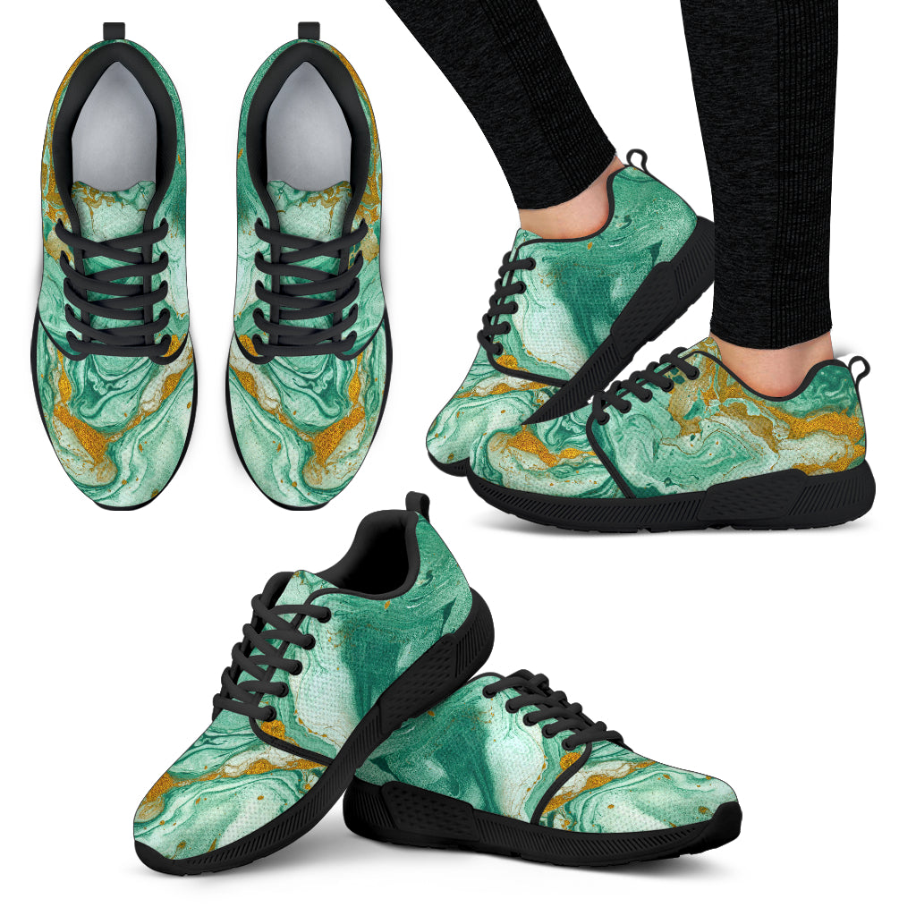 Green Gold Liquid Marble Print Women's Athletic Shoes