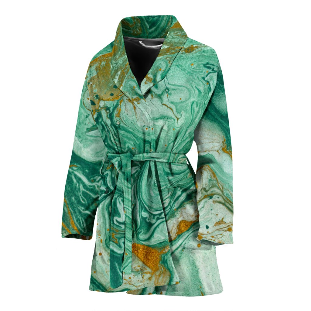 Green Gold Liquid Marble Print Women's Bathrobe