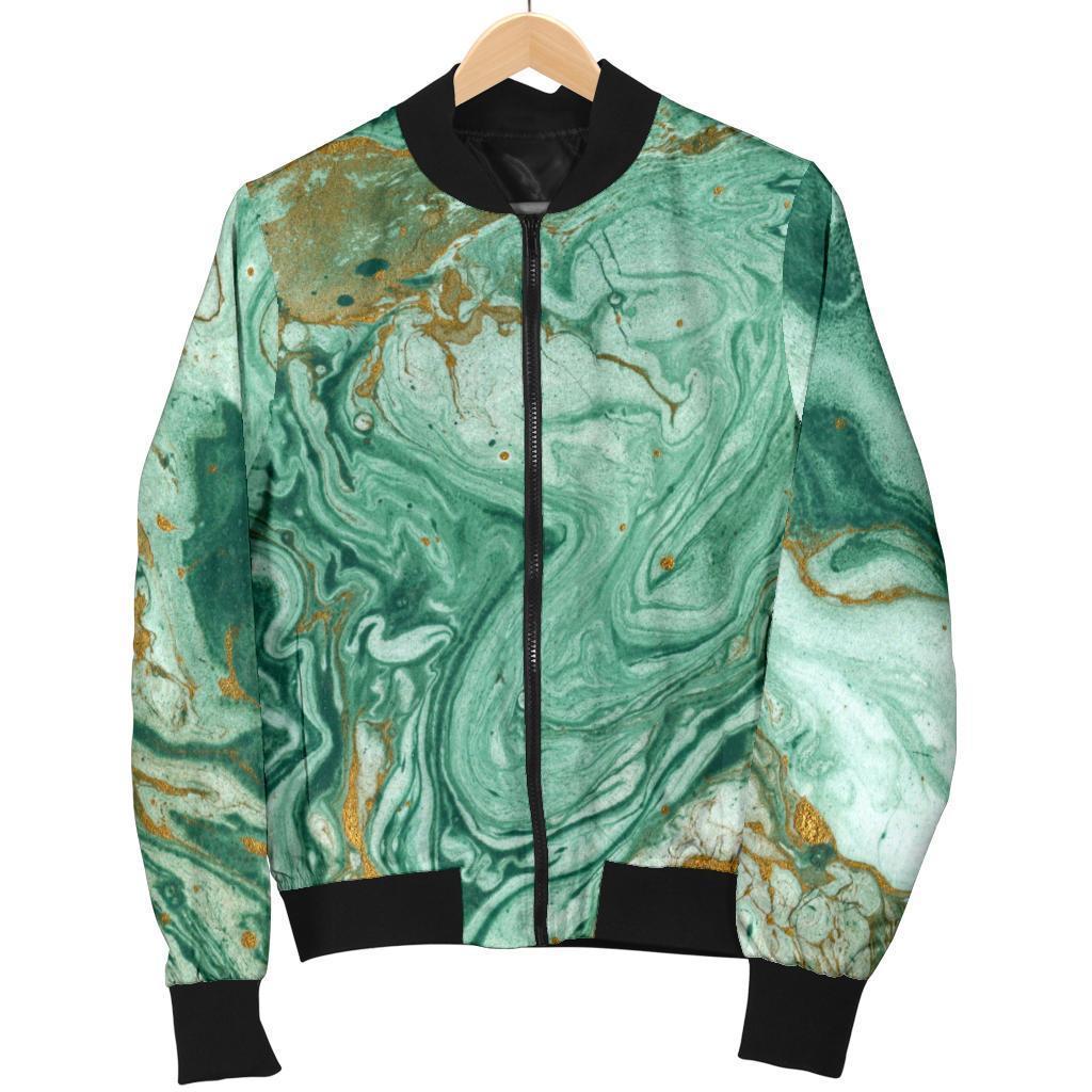 Green Gold Liquid Marble Print Women's Bomber Jacket