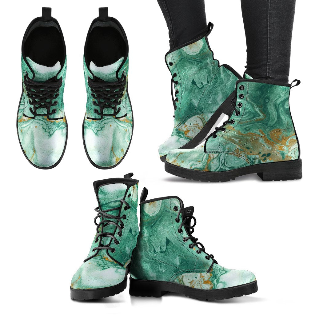 Green Gold Liquid Marble Print Women's Boots