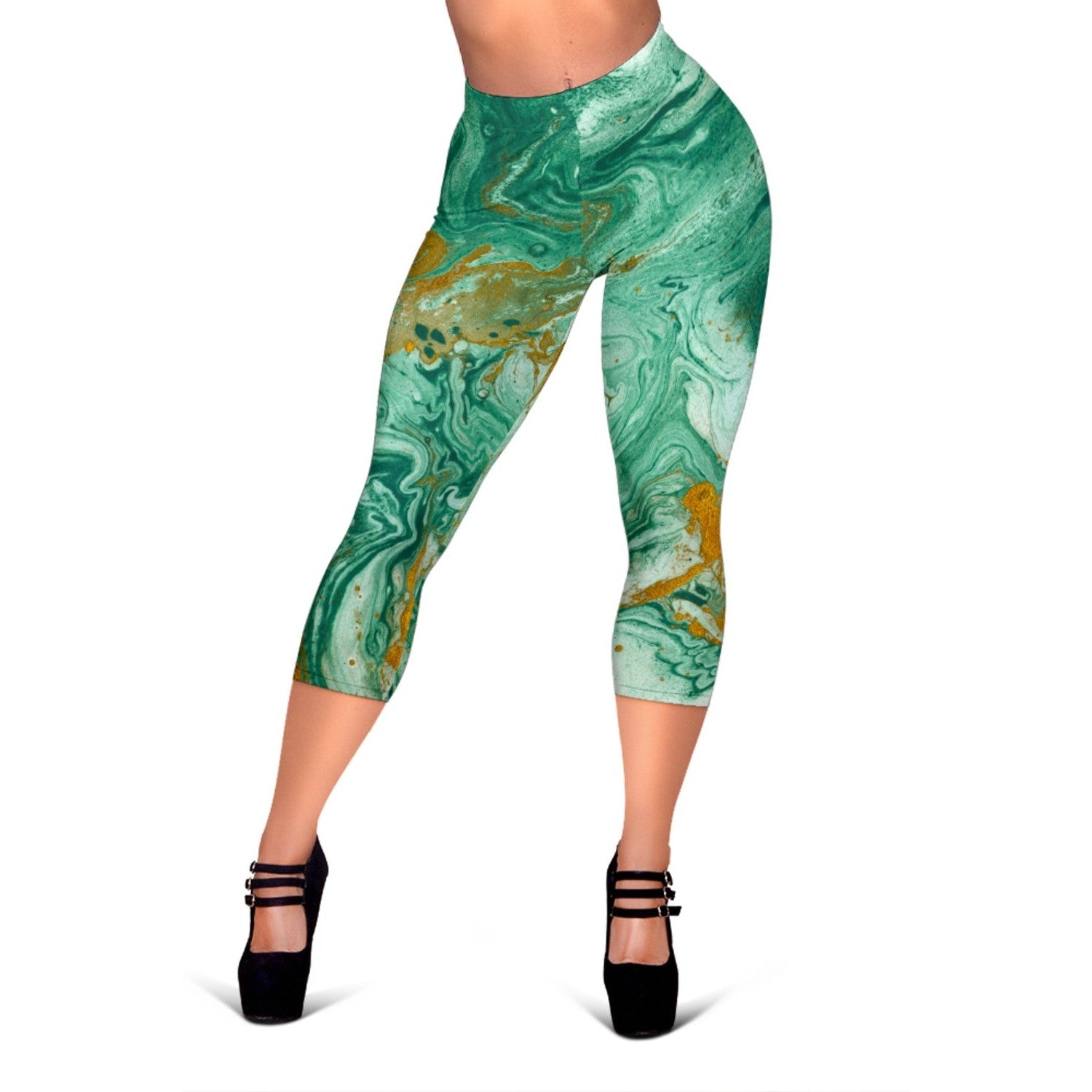 Green Gold Liquid Marble Print Women's Capri Leggings