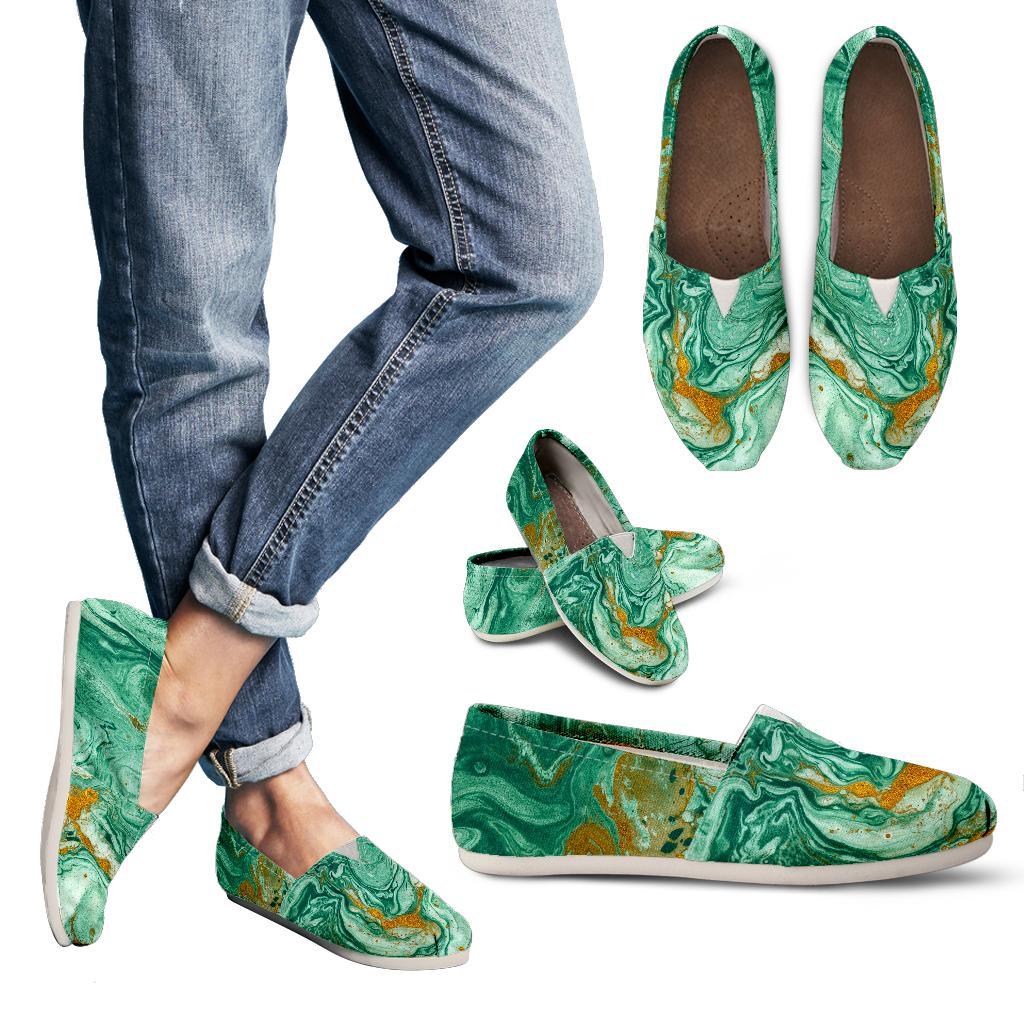 Green Gold Liquid Marble Print Women's Casual Canvas Shoes