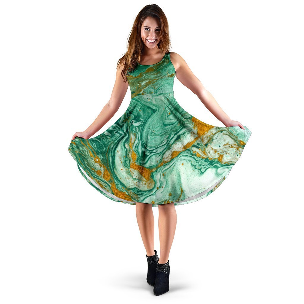 Green Gold Liquid Marble Print Women's Dress