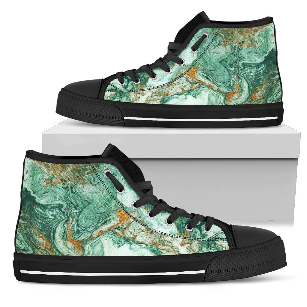 Green Gold Liquid Marble Print Women's High Top Shoes